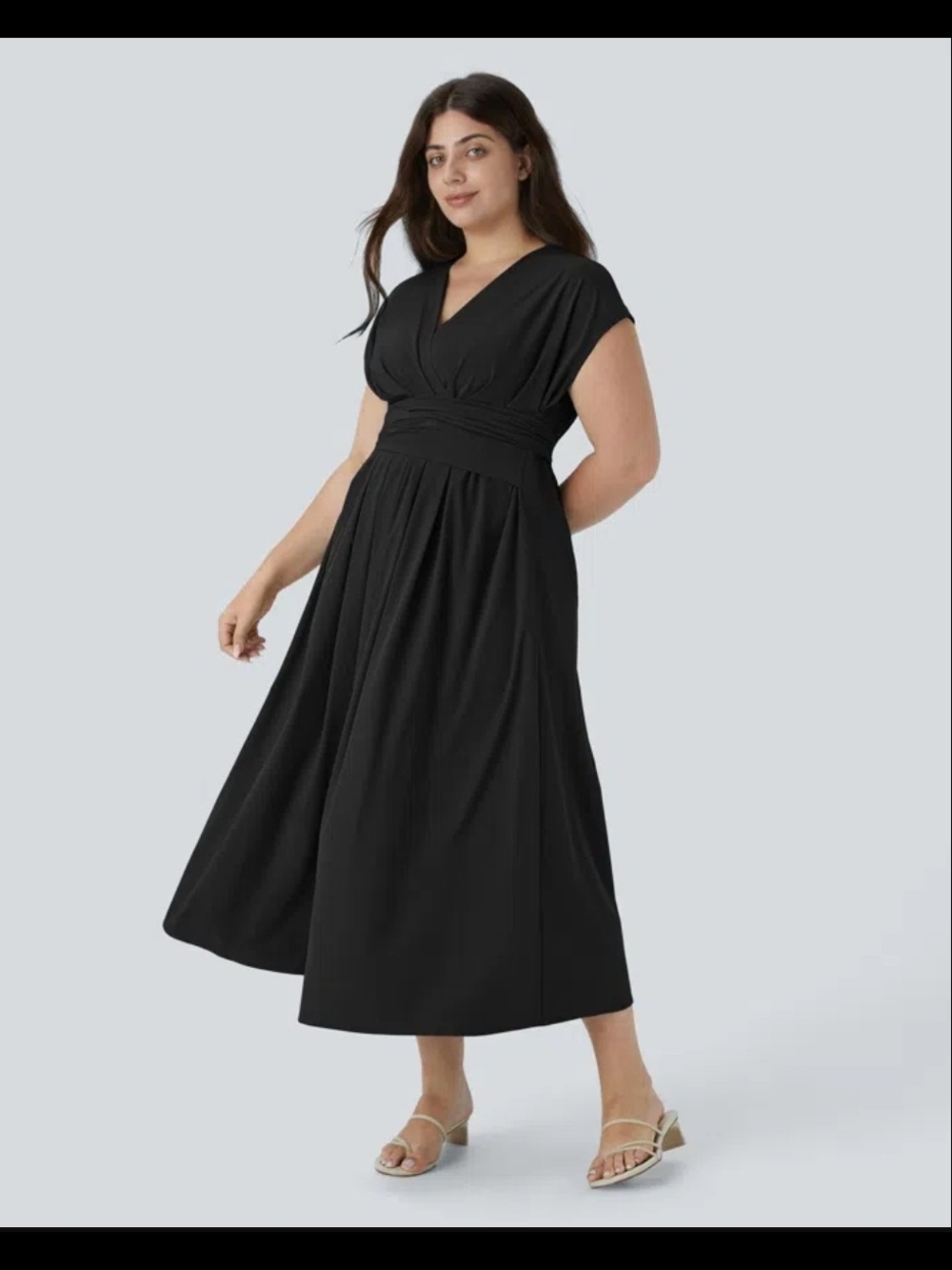 NWOT. HALARA Black V-Neck Waist-Defined Midi Dress